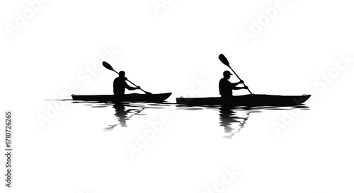 Silhouettes of two kayakers paddling peacefully on calm water surface