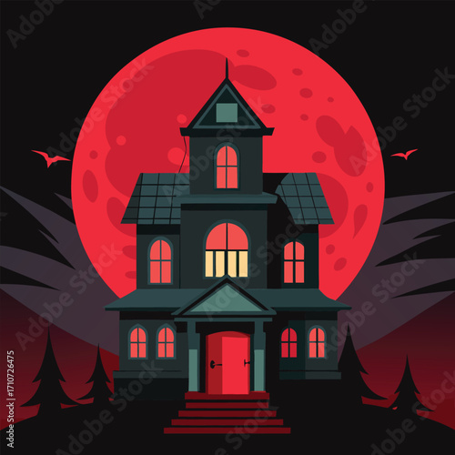 Spooky old haunted mansion silhouetted against a large blood red moon on a dark eerie night with bats flying in the background