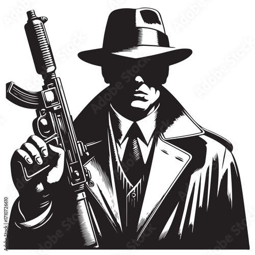 Gangster with gun illustration, vintage mafia man in hat, retro crime vector artwork