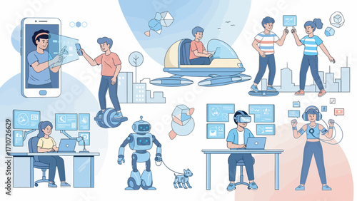 People interact with futuristic technology in a modern city, showcasing innovation, connectivity, and a glimpse into the potential of tomorrow.
