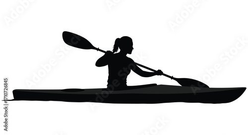 Silhouette of a woman kayaking on calm water outdoor recreation scene