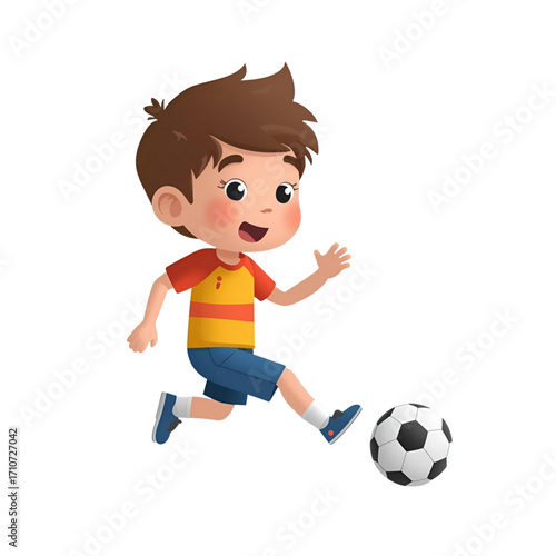 Cute cartoon boy character running and kicking a soccer ball. An isolated vector illustration of a happy child playing football sport