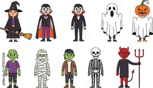 A collection of ten cartoon halloween characters including a witch vampire and a pumpkin headed ghost