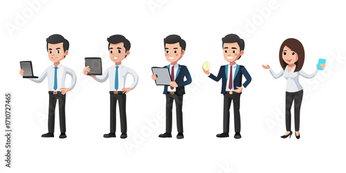 A set of business people with tablets in different poses on a white background. The cartoon style character designs include high resolution 3D renderings with full body shots in 6 poses.vector icon
