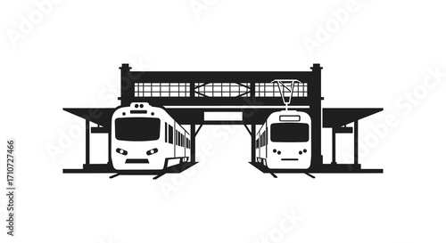 Two modern trains positioned at a station platform black and white design