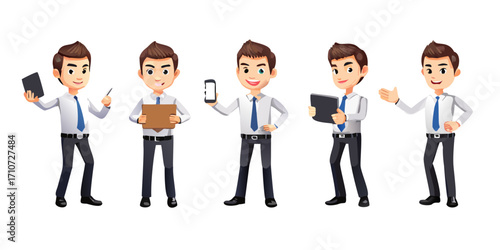 A set of business people with tablets in different poses on a white background. The cartoon style character designs include high resolution 3D renderings with full body shots in 6 poses.vector icon
