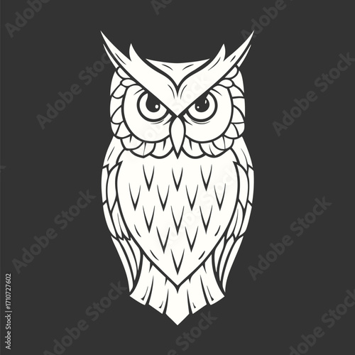 White owl stylized stands against a dark background looking forward seriously