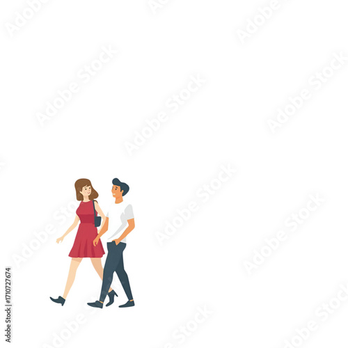 A stylish young couple walking together. Side profile view of a man and woman on a casual romantic date, isolated on a white background