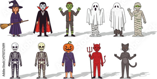 A collection of ten cartoon halloween costumes standing on a white background with shadows cast below