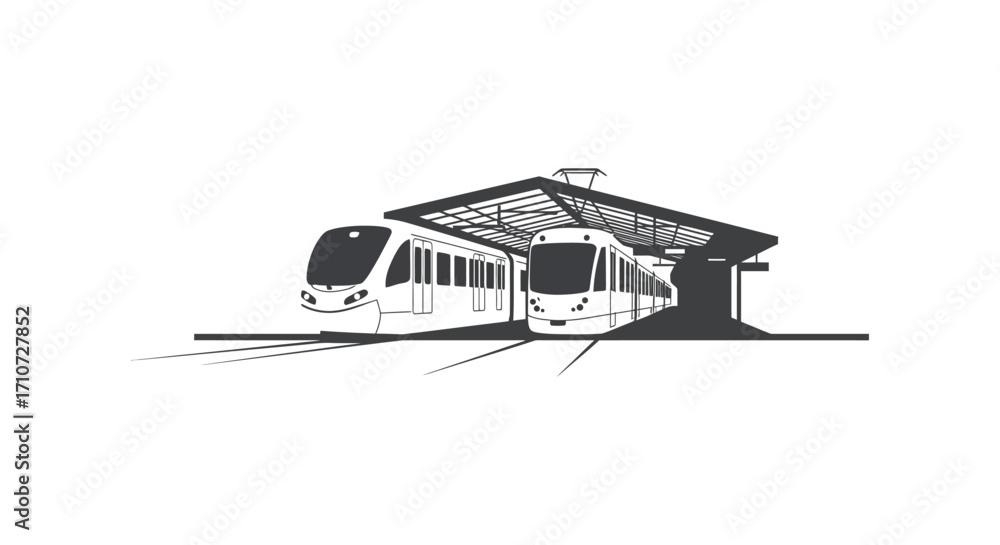 Fototapeta premium Modern tram approaching and stopping at a simple station platform design