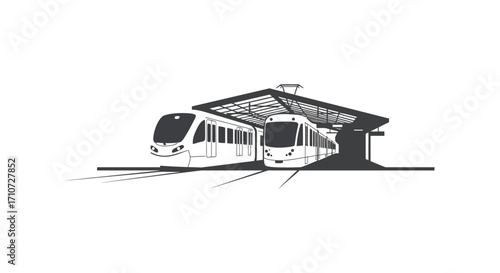 Modern tram approaching and stopping at a simple station platform design