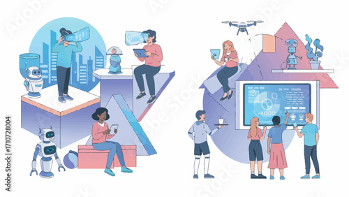 People interacting with robots and futuristic technology in modern office, showcasing innovation and collaboration with a hopeful and forwardthinking theme.