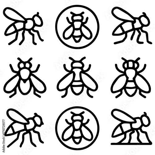 Nine Black Outline Bee Icons in Various Poses and Circular Frames.