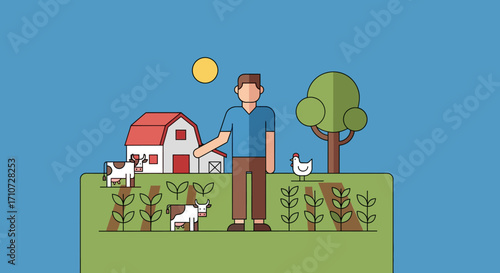 A friendly farmer stands proudly on his vibrant farm, surrounded by contented livestock and lush green crops, illustrating the productive essence of rural agricultural life