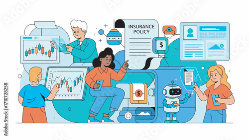 Diverse team collaborates on financial technology solutions in modern office, analyzing data and developing innovative strategies for future growth.