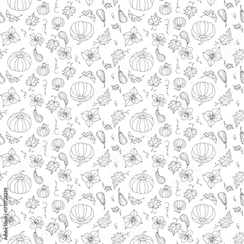 Seamless pattern with pumpkins, flowers and leaves. Autumn design for fabric, templates, wallpaper, cards.