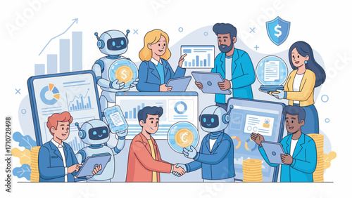 Business team and robots collaborate on financial strategies in modern office, showcasing ai integration and teamwork for future success.
