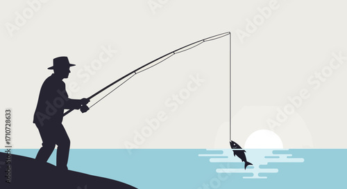 Silhouette of a Fisherman Catching a Fish at Sunset A Peaceful Moment