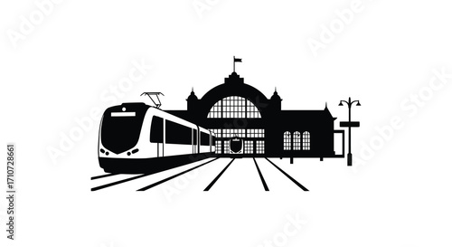 A striking black and white illustration of a train at the station