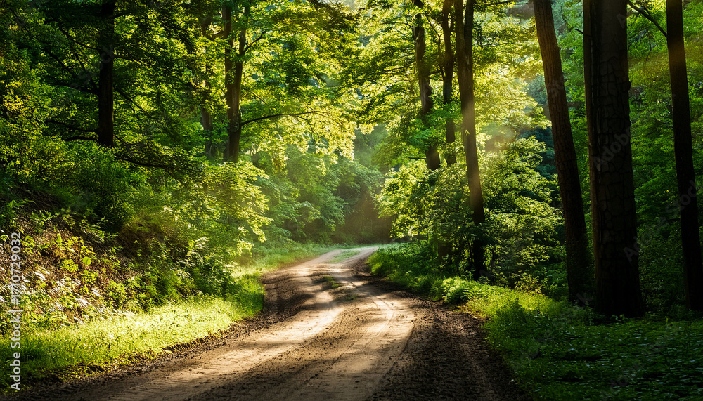 Fototapeta premium Sunlit Dirt Road Winding Through A Lush Green Forest With Dappled Light