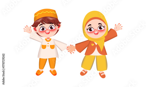 Two children, boy and girl, dressed in traditional Muslim attire, holding hands and waving.