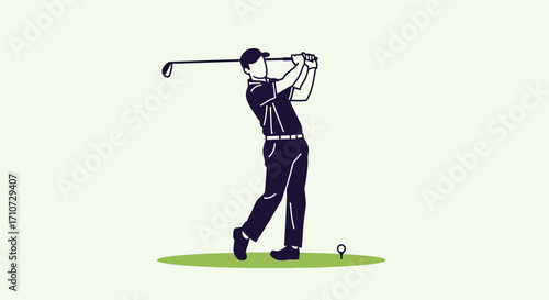 Minimalist vector illustration of a male golfer in a dynamic follow-through swing pose on the green. Modern line art of a sportsman playing golf