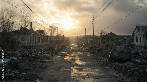 Destroyed City at Dawn: Traces of War and Devastation