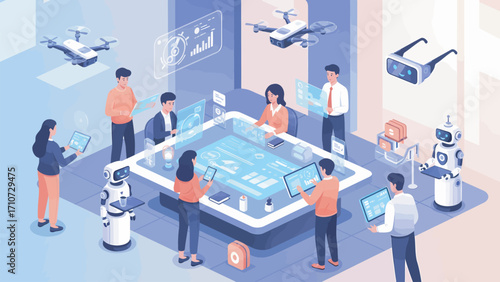 Business team collaborating on future technology projects in modern office with robots and drones, showcasing innovation and teamwork.