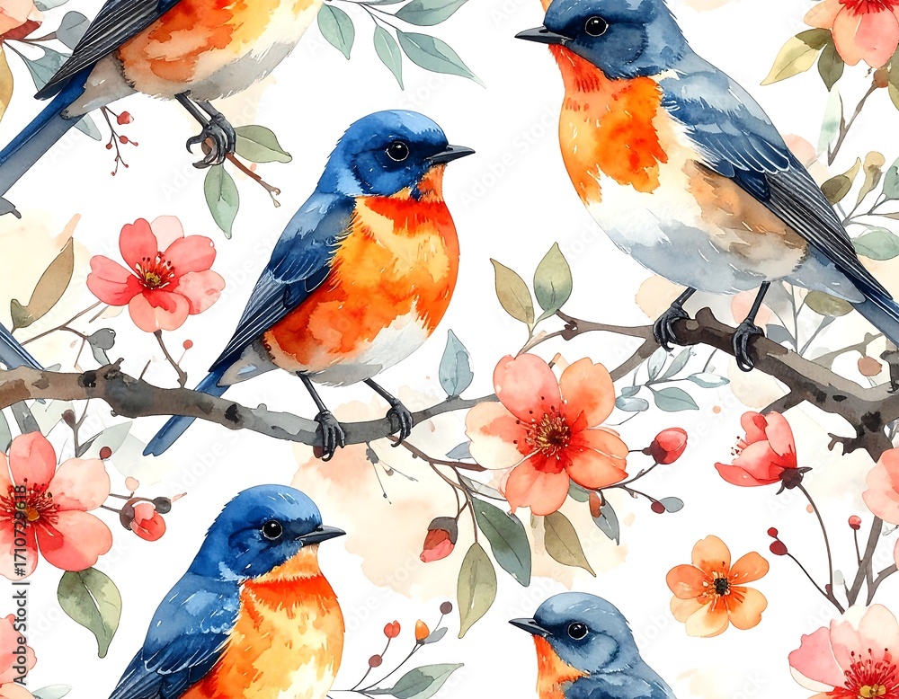 Fototapeta premium Watercolor birds and flowers seamless pattern