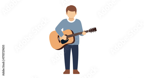 Dynamic flat vector illustration of a person playing an acoustic guitar, symbolizing the inspiring concept of musical artistry, creative expression, and engaging personal hobbies