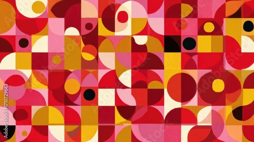 Abstract geometric pattern featuring a playful arrangement of circles, squares, and semicircles in shades of red, pink, and yellow, creating a modern design