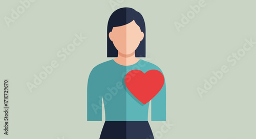 Symbol of empathy and self-care featuring a woman with a heart. Concept for donation, volunteering, and emotional wellbeing