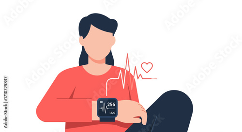Woman using a modern smartwatch to track vital health metrics and monitor heart rate for proactive personal wellness management and a healthy lifestyle. Digital health concept illustration