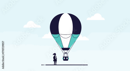 Minimalist vector illustration of a determined businesswoman standing next to a large hot air balloon, symbolizing career growth, new beginnings, and ambitious aspirations for future success