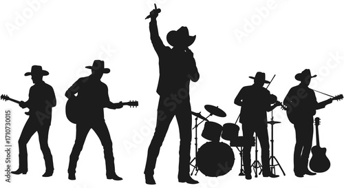 Silhouetted country band performing onstage with vocalist and instrumentalists