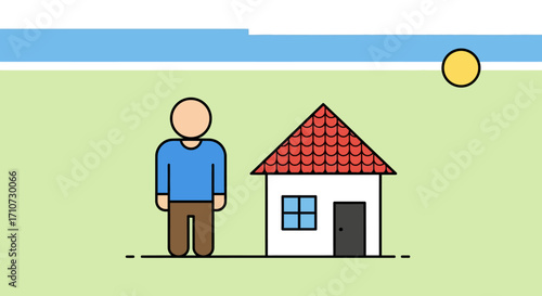 A simple illustration of a person standing next to a small house under a bright sun and clear sky