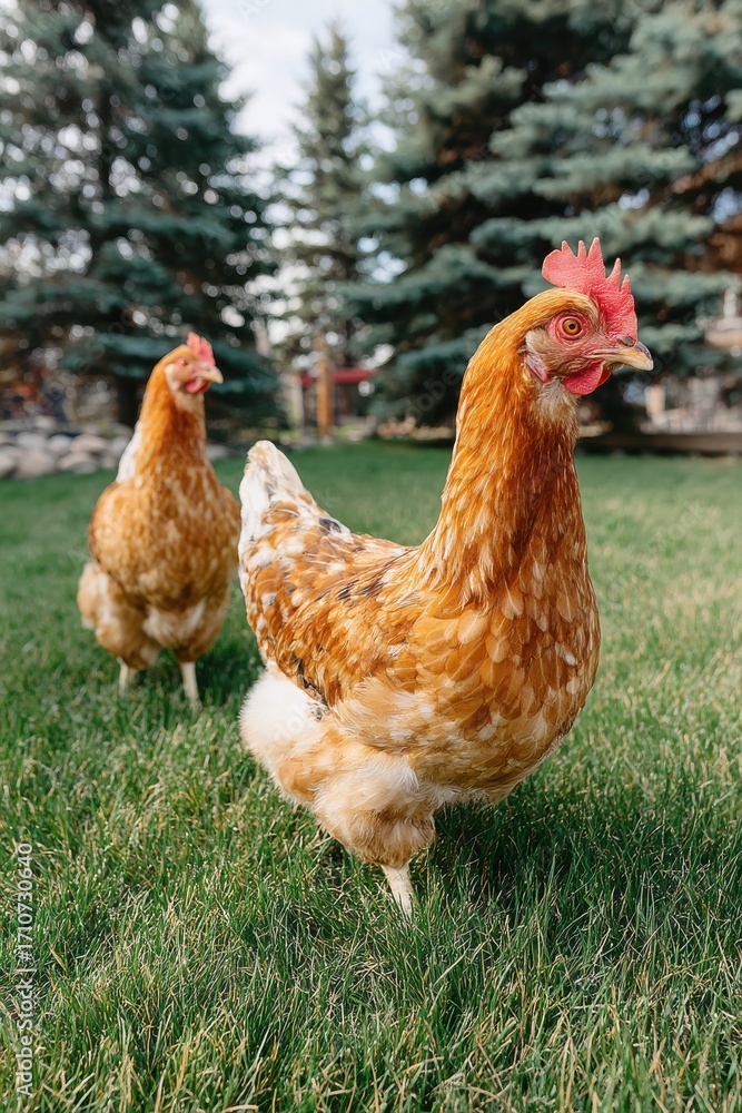 Fototapeta premium Two Buff Orpington Chickens Posing on Green Grass in Backyard Garden Setting Sunny Day Eye Level View