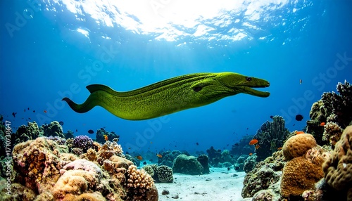 Fototapeta Naklejka Na Ścianę i Meble -  Green moray eel swims amongst coral reef