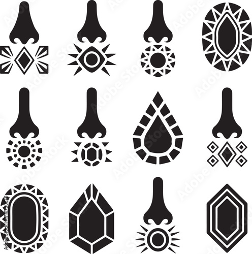 nose, piercing, jewelry, gem, gemstone, diamond, crystal, body-art, fashion, accessory, glyph, icon, set, silhouette, ethnic, tribal, indian, culture