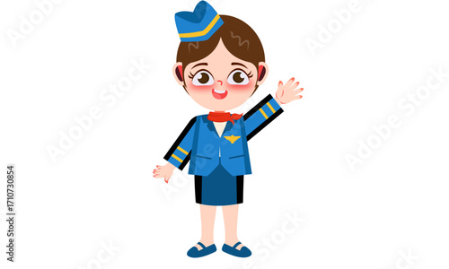 A charming cartoon illustration of a female flight attendant in a blue uniform, smiling and waving hello against a white background.