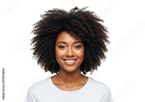 Smiling young woman with afro hair isolated on transparent background