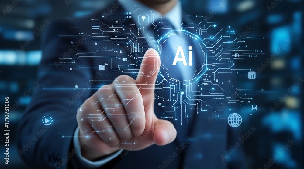 Fototapeta premium Artificial intelligence ai technology concept businessman touching digital interface network system