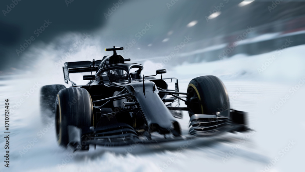 Obraz premium Sleek black race car at high speed on a snowy track