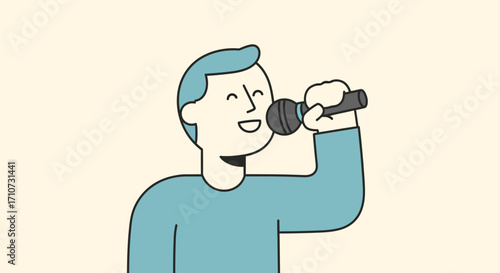 Happy Man Singing into Microphone Joyful Karaoke Illustration