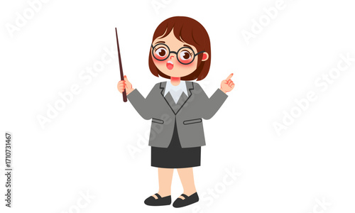 Create a descriptive title (>=6 words, <=180 chars) without keywords.     *   "A cute cartoon illustration of a female teacher or presenter wearing glasses a...