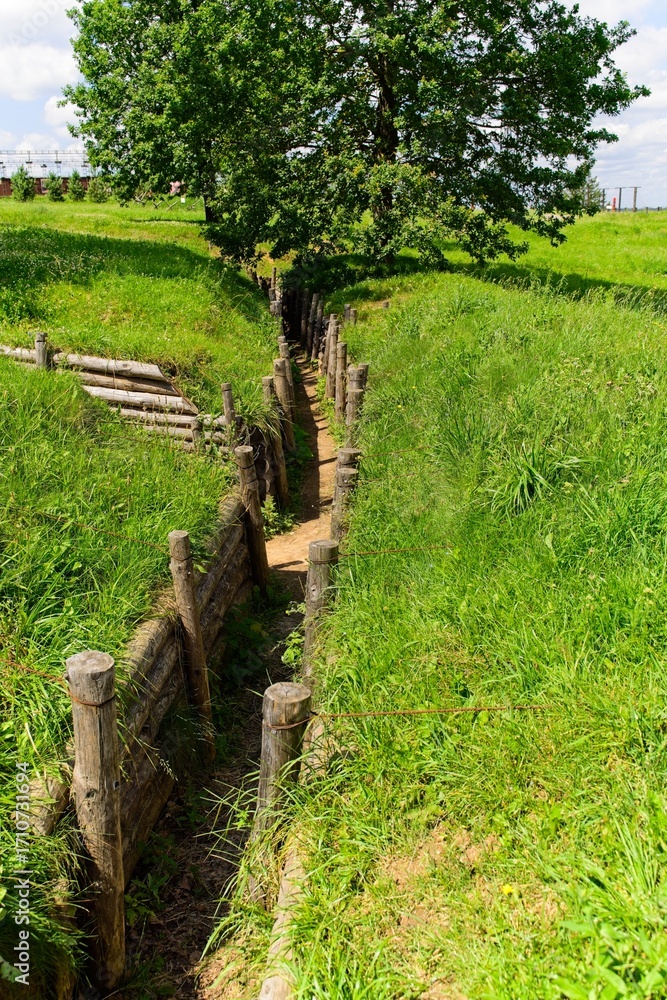 Obraz premium Minsk region, Belarus, July 12, 2025. A World War II trench on the Stalin Line. 