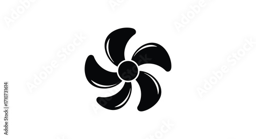 Simple black and white illustration of a stylized fan blade design