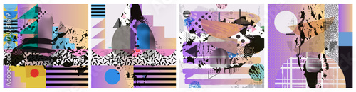 Geometric Abstract Collage with Neon Gradients and Multicolored Shapes. Modern Vector Design for Creative Projects.