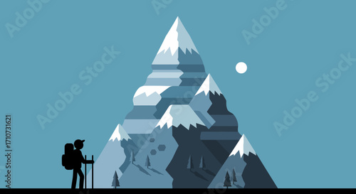 Silhouette of a lone hiker with a backpack facing a majestic snow-capped mountain, symbolizing a journey of challenge and achievement