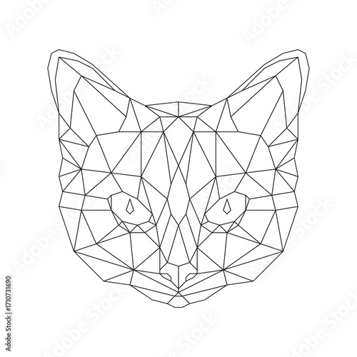 Create digital art in the style of geometric abstraction: a white background showcases a stylized cat head composed of interconnected black triangles, minimalist and modern.

